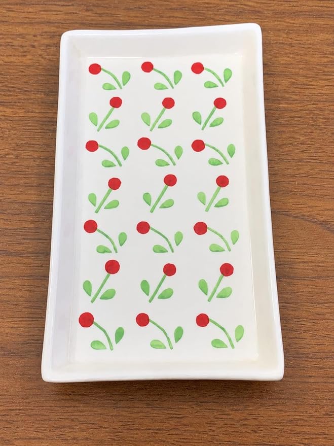 Handcrafted White Ceramic Serving Tray with Red Cherry Blossom Floral Design - Image 2