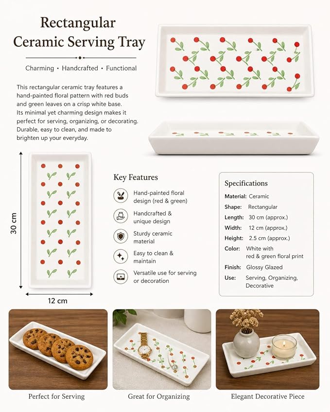 Handcrafted White Ceramic Serving Tray with Red Cherry Blossom Floral Design - Image 3