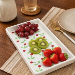 Handcrafted White Ceramic Serving Tray with Red Cherry Blossom Floral Design
