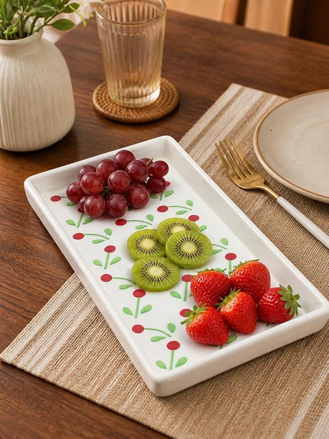 Handcrafted White Ceramic Serving Tray with Red Cherry Blossom Floral Design