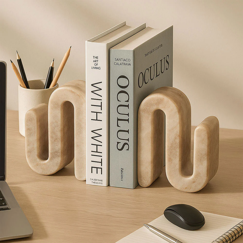 Contemporary Marble Bookend Pair in Cloud Grey