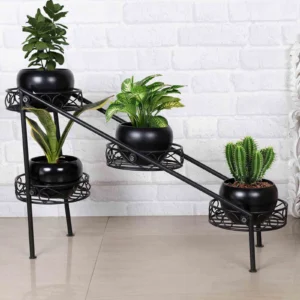 4 Tier Ladder Black Metal Planter Stand with 4 Racks & Pots