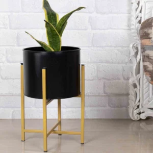 13" Mid Century Large Gold Metal Floor Planter Stand With Black Pot