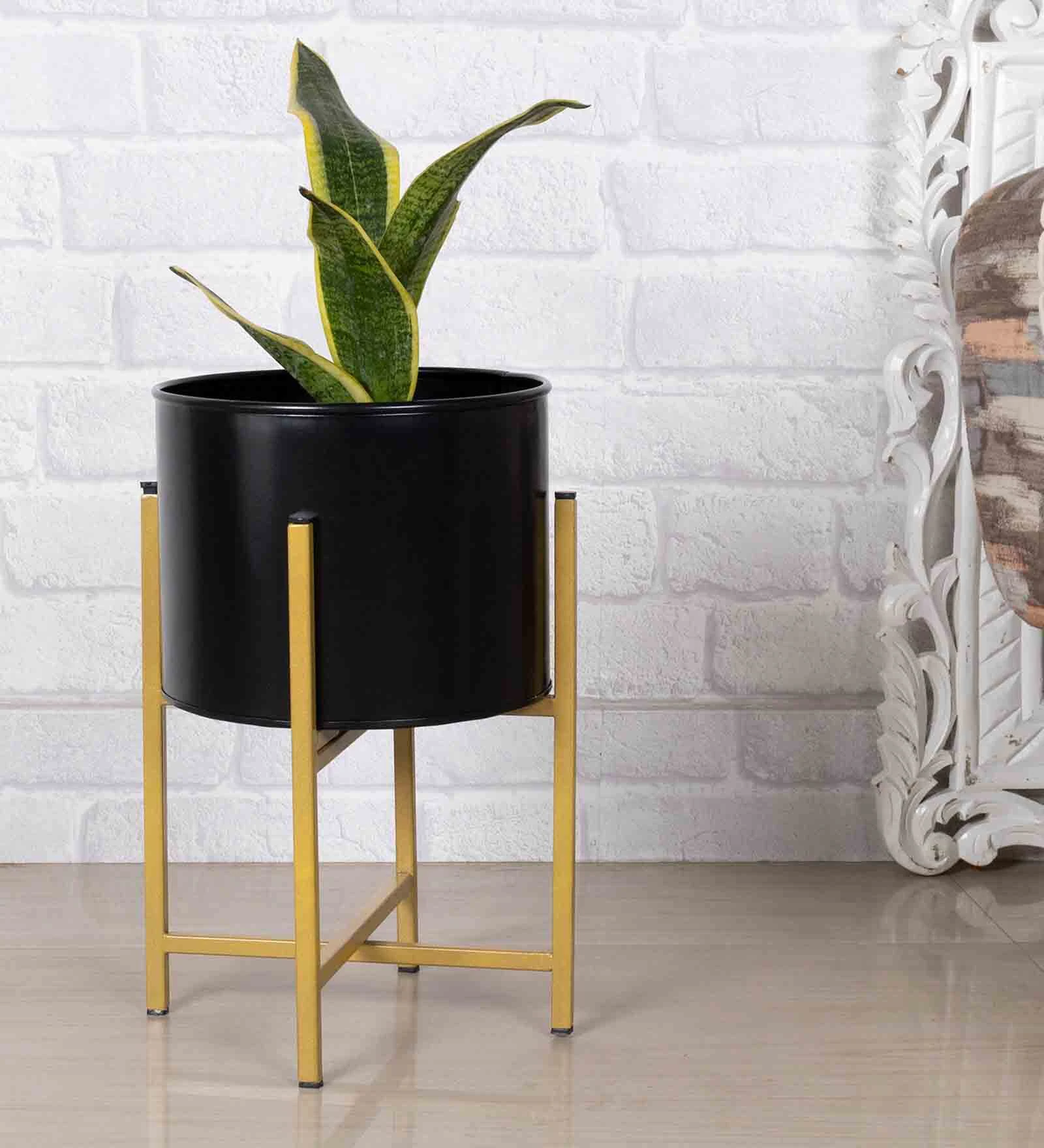13" Mid Century Large Gold Metal Floor Planter Stand With Black Pot