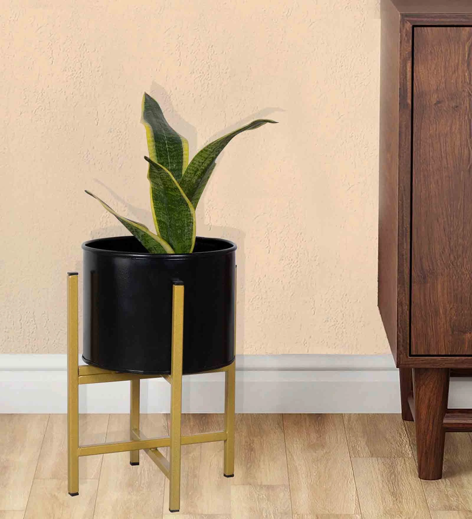 13" Mid Century Large Gold Metal Floor Planter Stand With Black Pot - Image 5