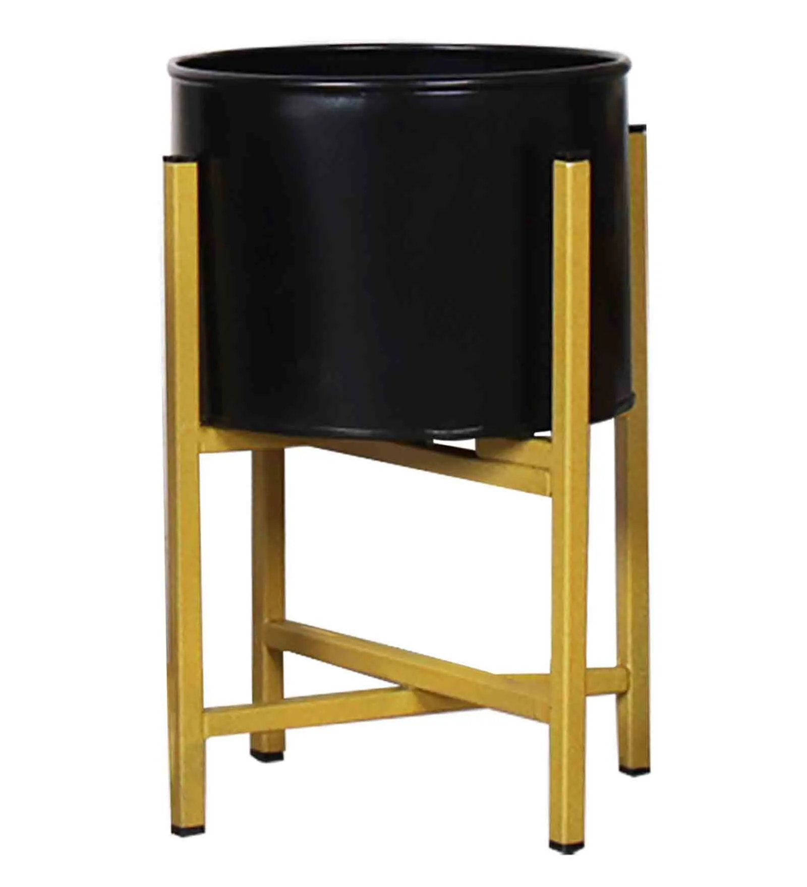 13" Mid Century Large Gold Metal Floor Planter Stand With Black Pot - Image 4