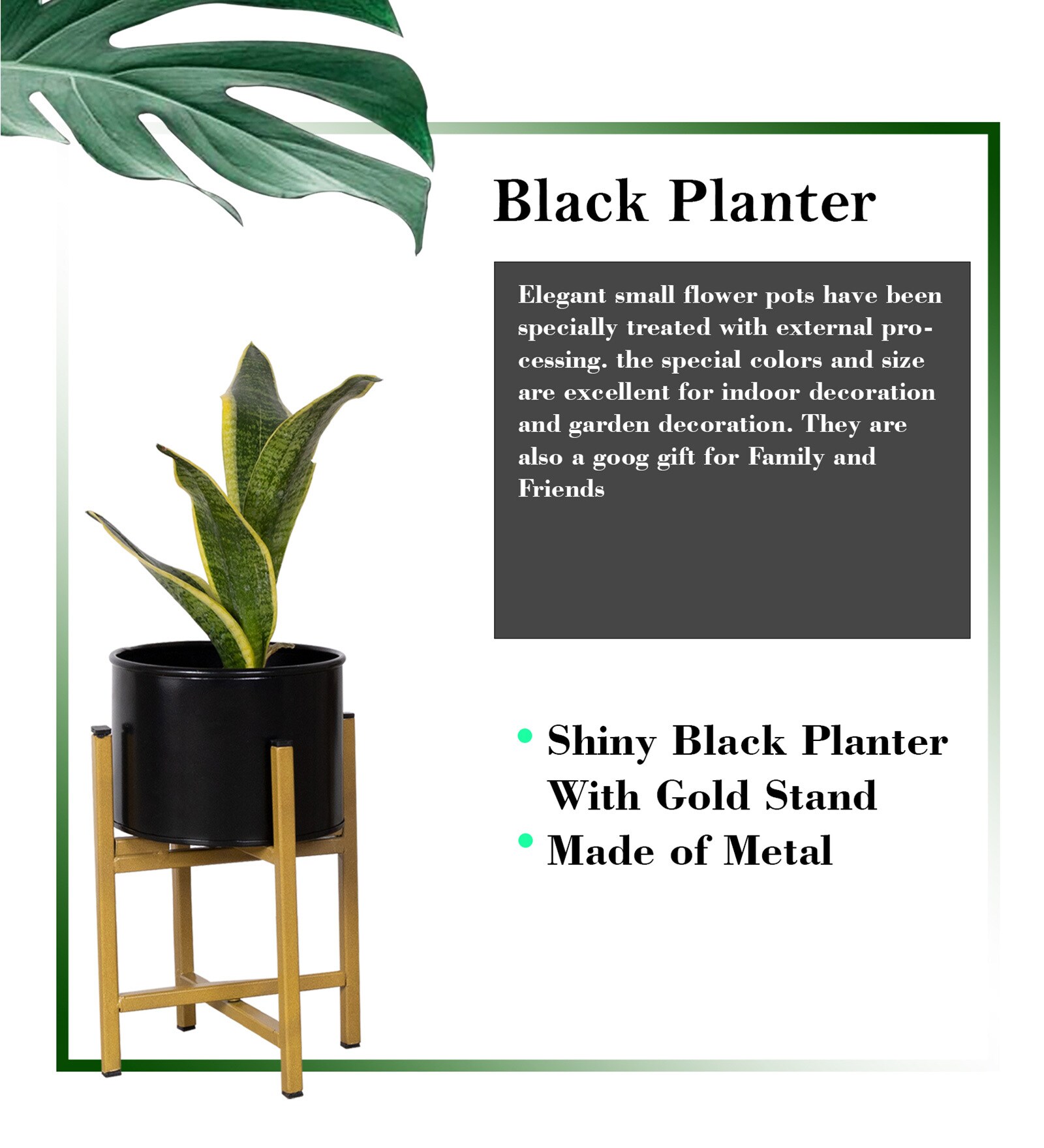13" Mid Century Large Gold Metal Floor Planter Stand With Black Pot - Image 2